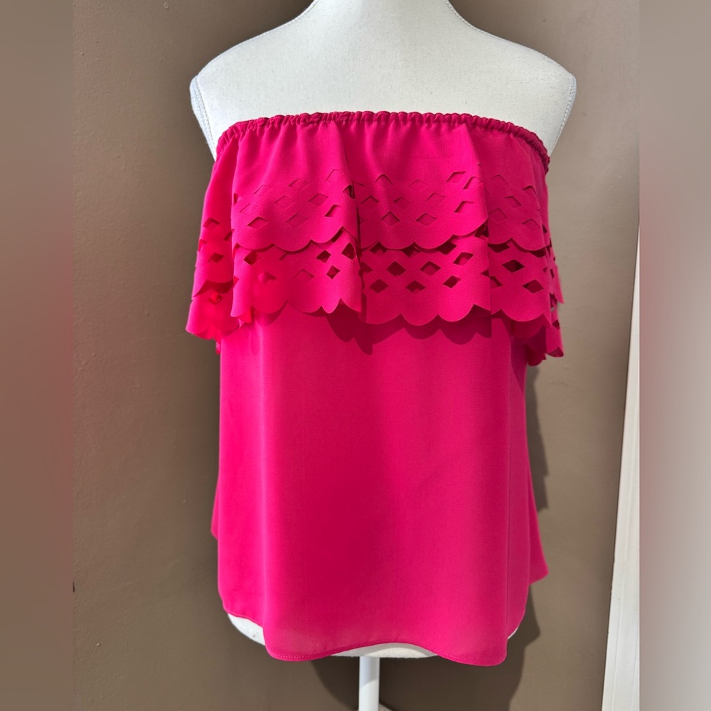 Hot Pink Strapless Ruffle Eyelet Top